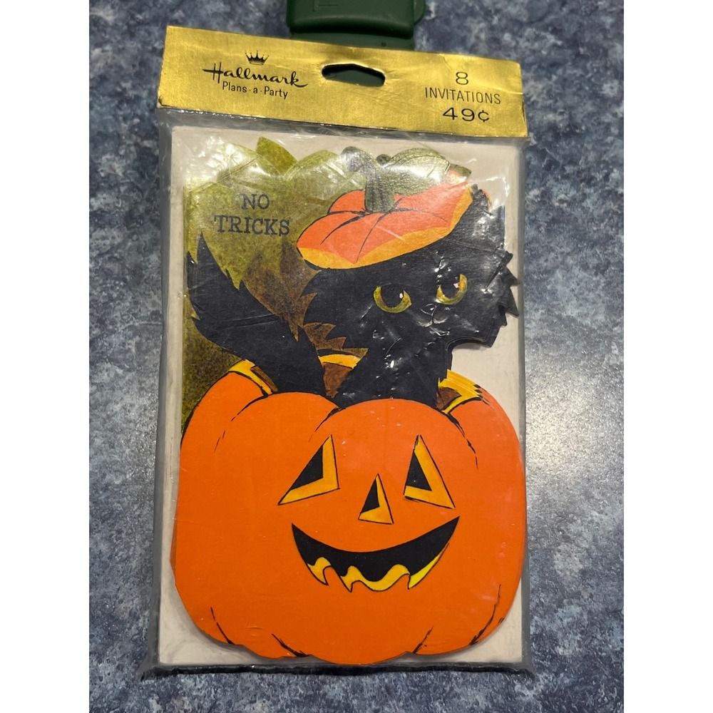 Vintage Hallmark Halloween Invitations 8 Pack Black Cat Pumpkin Die Cut Unused
